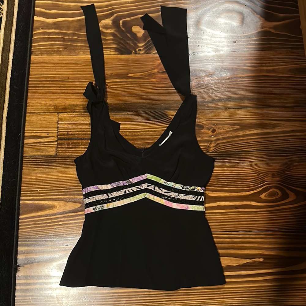 Nanette Lepore- Black Stripe Detail Silk Tank Top